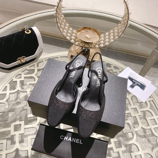 Chanel Glitter Chunky Heel Peep Toe Casual Sandals