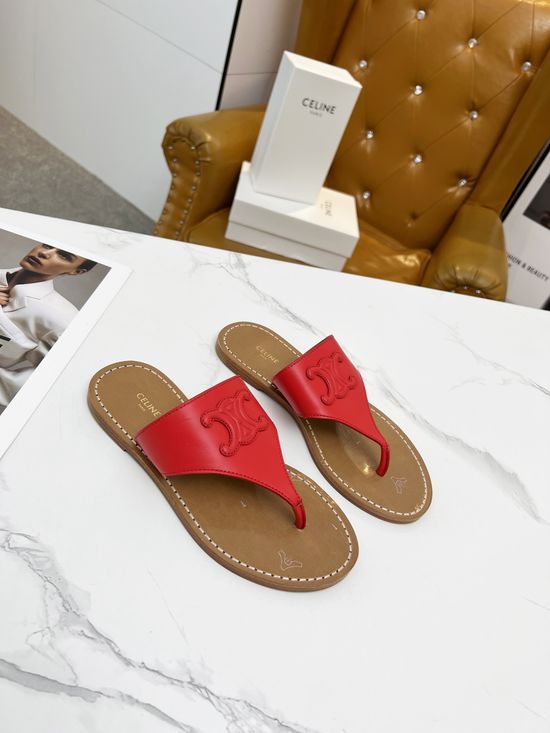 Celine Cowhide Embossed Logo Stylish Toe-Post Sandals