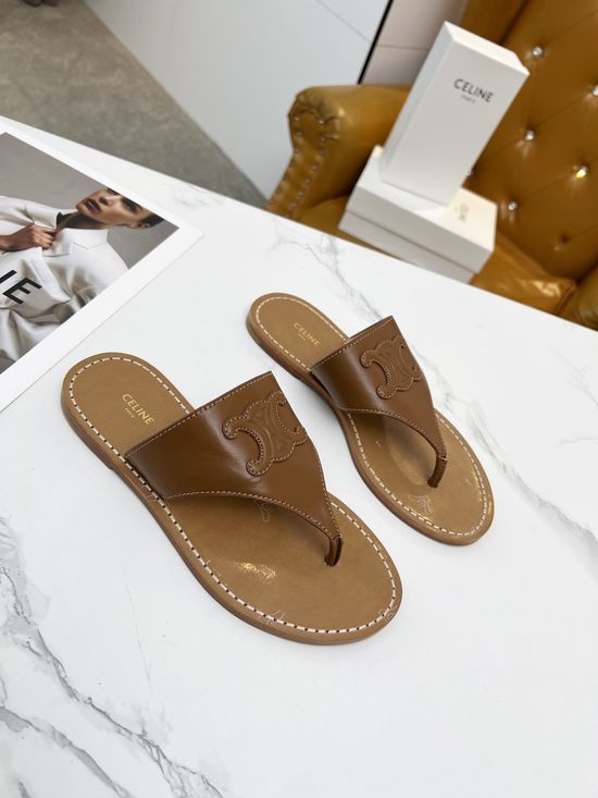 Celine Cowhide Embossed Logo Stylish Toe-Post Sandals