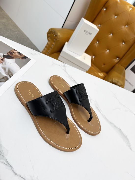 Celine Cowhide Embossed Logo Stylish Toe-Post Sandals