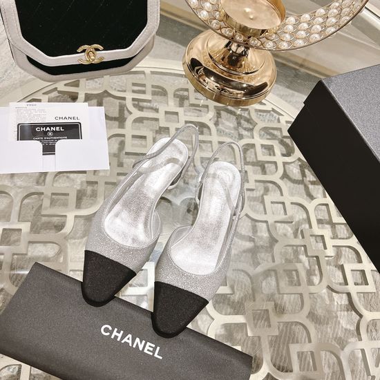 Chanel Glitter Low Block Heel Cutout Side Sandals