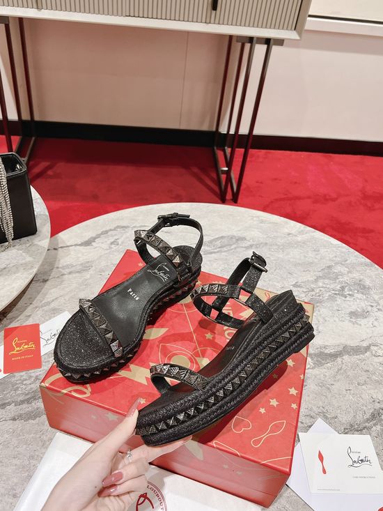 Christian Louboutine Wedge Heel Sandal with Embroidered Woven Detail