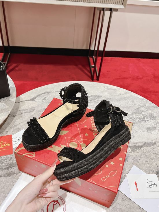 Christian Louboutine Embroidered Wedge Platform Sandals with Metal Details