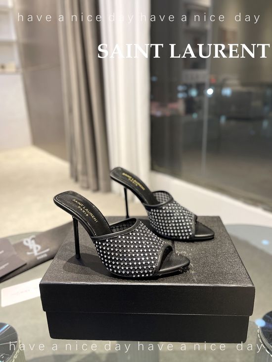 Yves Saint Laurent Rhinestone Mesh High Heel Slides Genuine Leather Sole