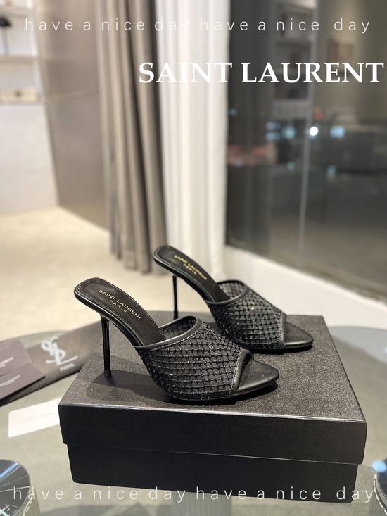 Yves Saint Laurent Rhinestone Mesh High Heel Slides Genuine Leather Sole