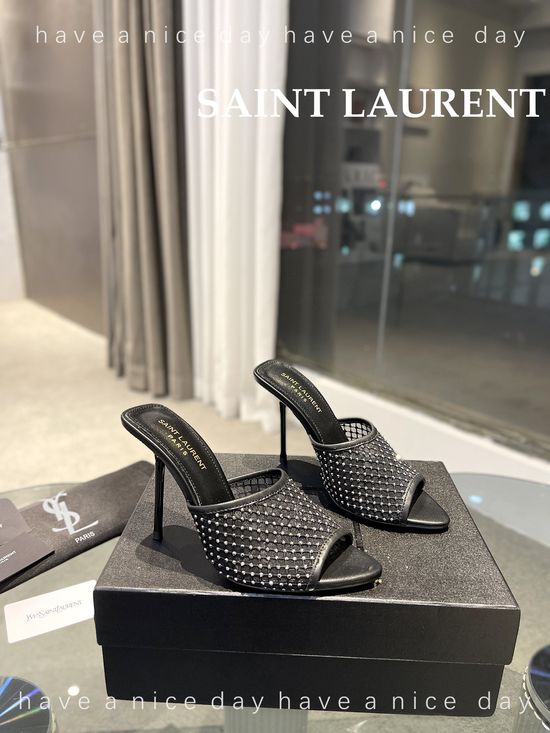 Yves Saint Laurent Rhinestone Mesh High Heel Slides Genuine Leather Sole