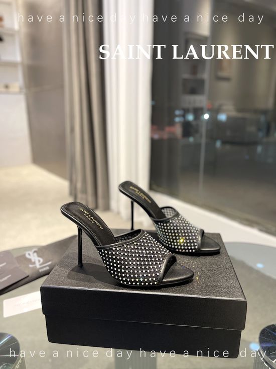 Yves Saint Laurent Rhinestone Mesh High Heel Slides Genuine Leather Sole