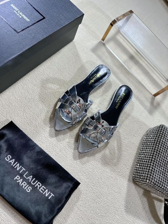Yves Saint Laurent Pointed Toe Flat Leather Slides Genuine Leather Outsole