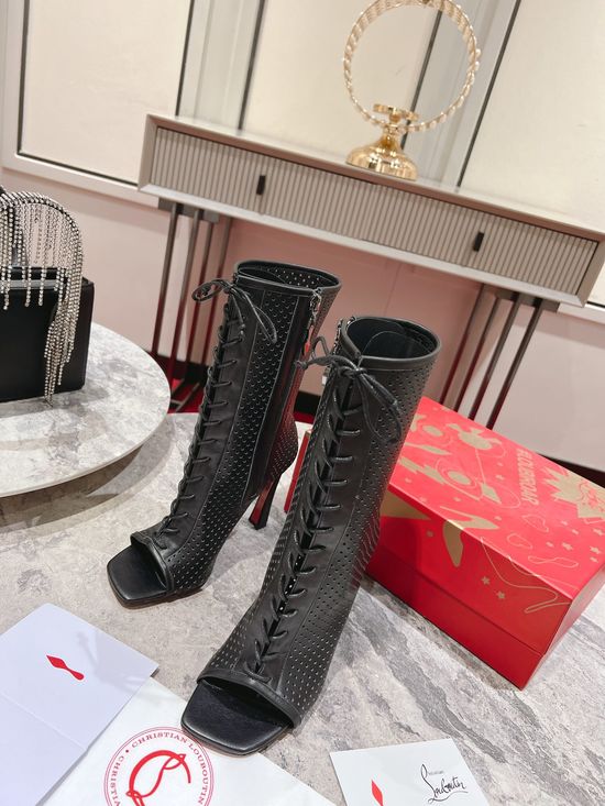 Christian Louboutine Black Perforated Leather Square Toe Ankle Boots