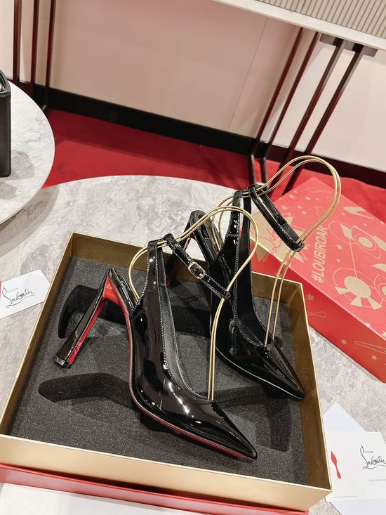 Christian Louboutine Black Leather Pointed Toe Curved Heel Slip On Loafers