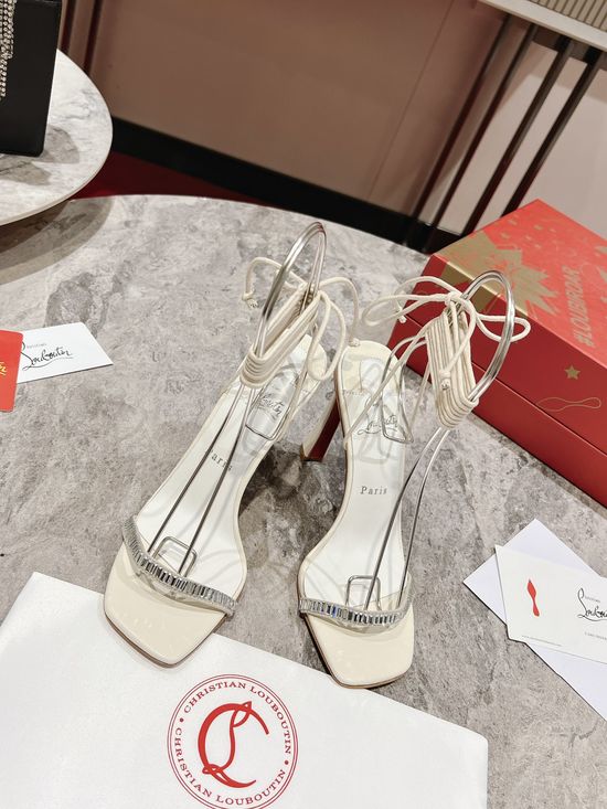 Christian Louboutine Strass Strap Ankle Lace-Up Leather Square Toe Sandals