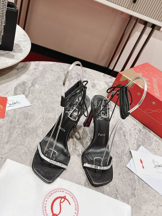 Christian Louboutine Strass Strap Ankle Lace-Up Leather Square Toe Sandals