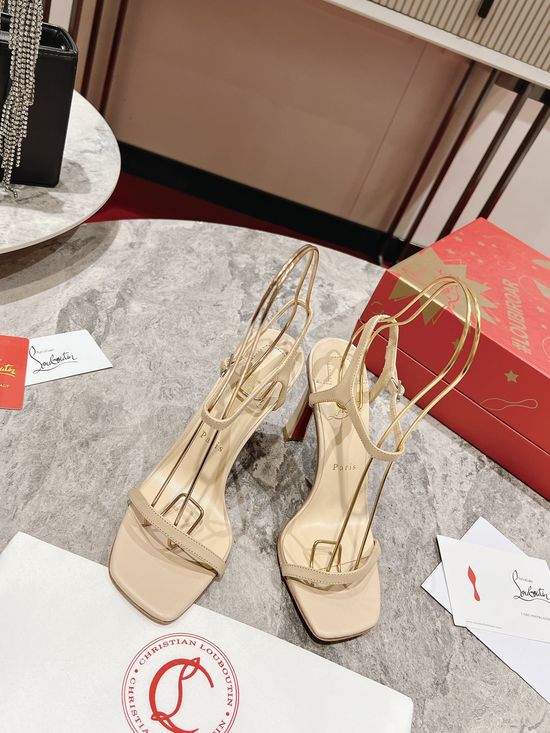 Christian Louboutine Black Leather Low-Cut Feather Heel Square Toe Sandals