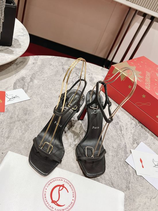 Christian Louboutine Black Leather Low-Cut Feather Heel Square Toe Sandals