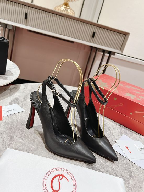 Christian Louboutine Black Leather Pointed Toe Curved Heel Slip On Loafers