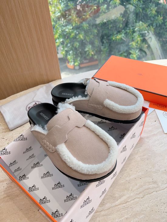 Hermes Suede Curly Fleece Lined Platform Slip-on Mules