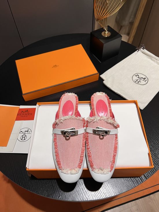 Hermes Colorblock Leather Fabric Mule Slides with Tassel Detail