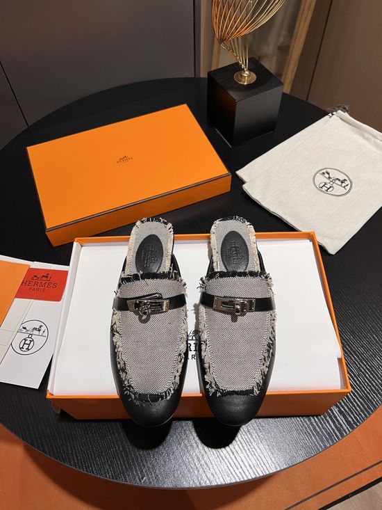 Hermes Colorblock Leather Fabric Mule Slides with Tassel Detail