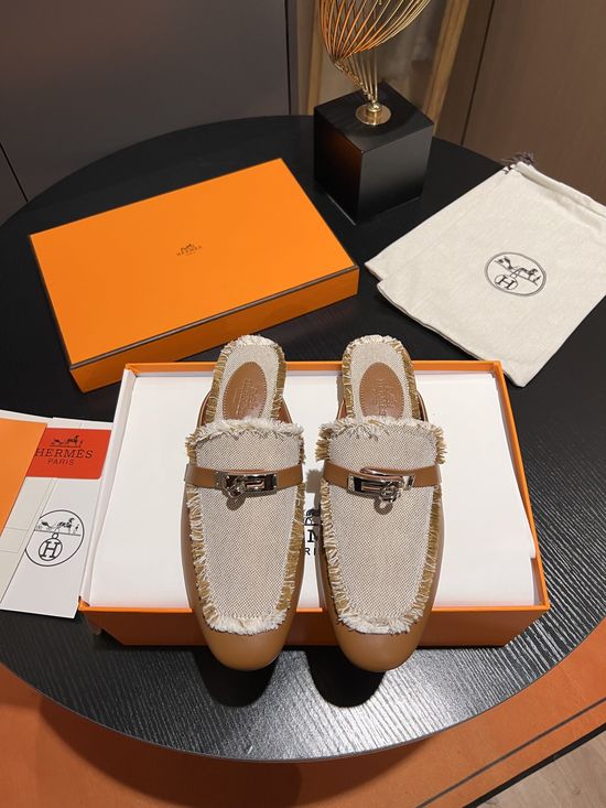 Hermes Colorblock Leather Fabric Mule Slides with Tassel Detail