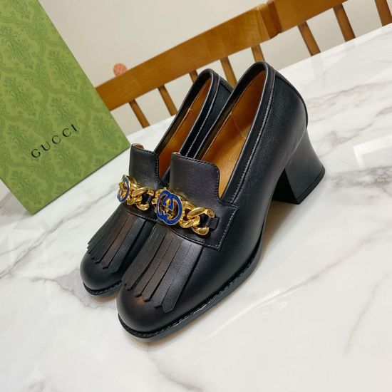 Gucci Fringe Decor Chunky Heel Pumps Soft Sheepskin Upper Comfortable