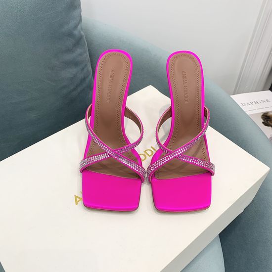 Amina Muaddi Shiny Rhinestone Satin High Heel Slides