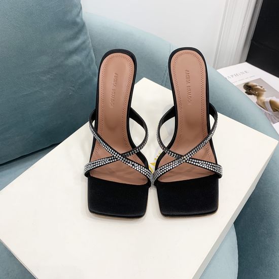 Amina Muaddi Shiny Rhinestone Satin High Heel Slides