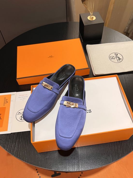 Hermes Silk Upper Classic Mule Slides with Leather Lining