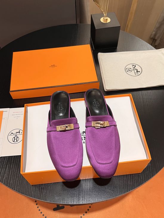 Hermes Silk Upper Classic Mule Slides with Leather Lining