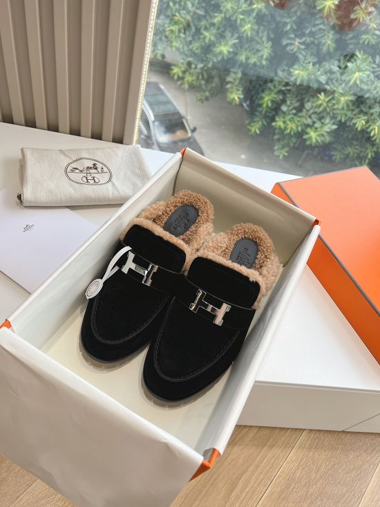 Hermes Premium Shearling Lined Slip On Mules
