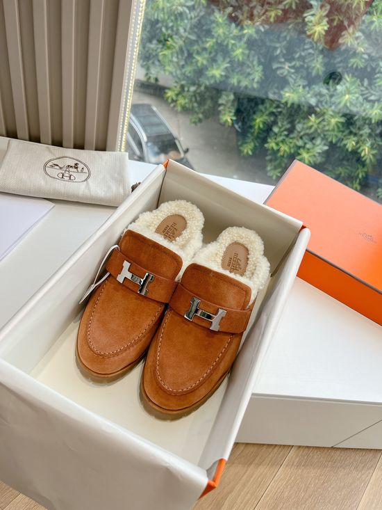 Hermes Soft Shearling Casual Slip On Mule Shoes