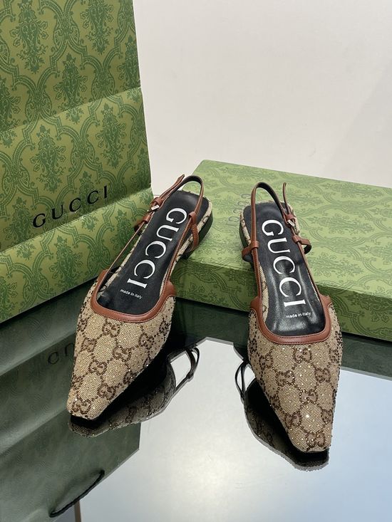 Gucci Monogram Rhinestone Decor Flat Back Strap Shoes