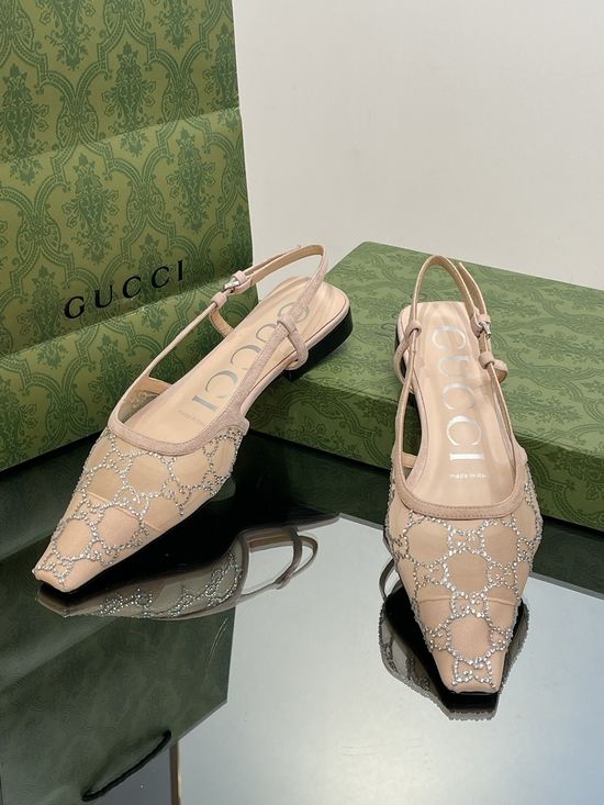 Gucci Lace Mesh Rhinestone Decor Flat Back Strap Shoes