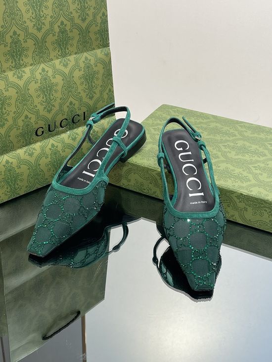 Gucci Lace Mesh Rhinestone Decor Flat Back Strap Shoes