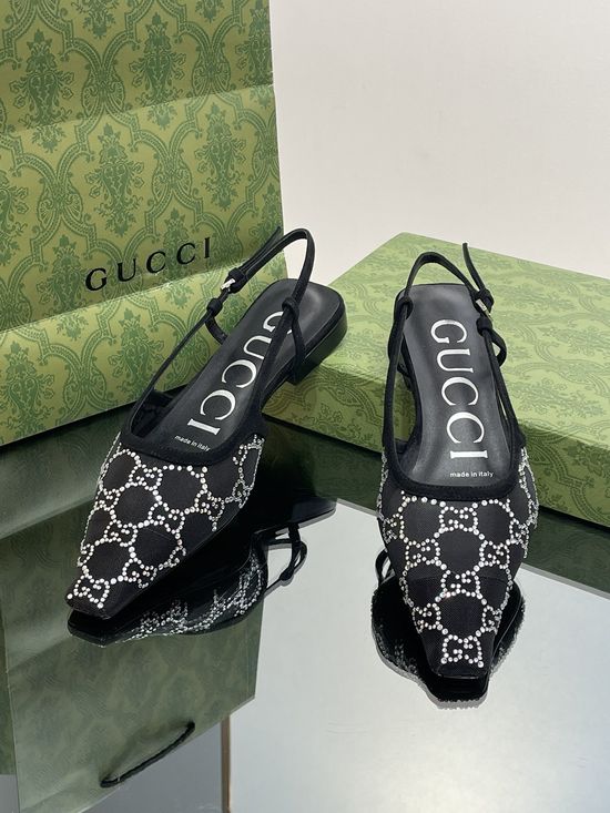 Gucci Lace Mesh Rhinestone Decor Flat Back Strap Shoes