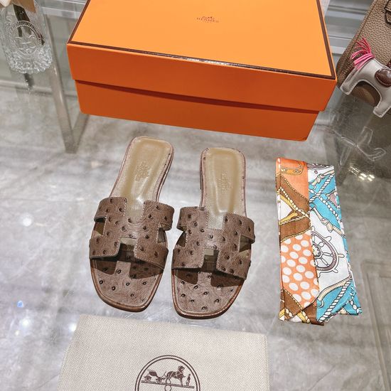 Hermes Ostrich Leather Casual Slides Cozy Non-slip Daily Footwear