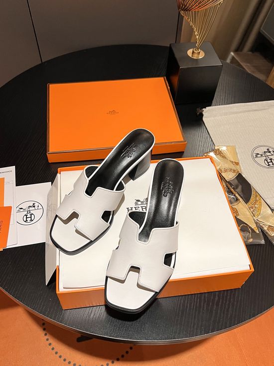 Hermes Block Heel Palm-Grain Leather Slide Sandals