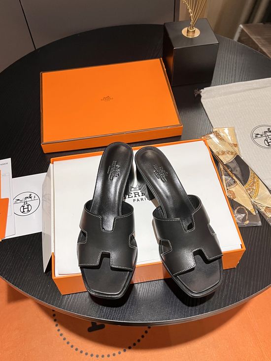 Hermes Block Heel Palm-Grain Leather Slide Sandals