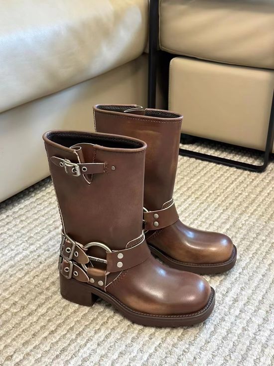 Miu Miu Premium Cowhide Knee High Boots Comfortable Punk Style