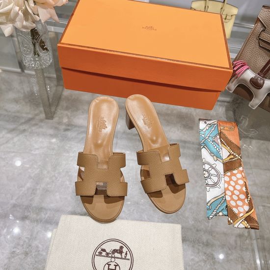 Hermes Block Heel Calfskin Slides Comfortable Elegant Casual Footwear