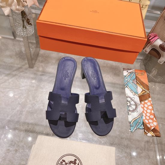Hermes Block Heel Calfskin Slides Comfortable Elegant Casual Footwear