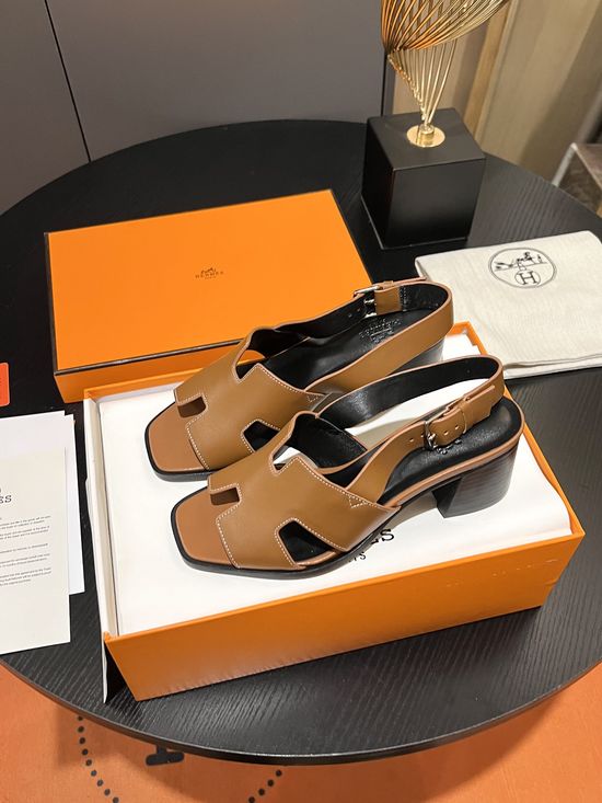 Hermes Vintage Style Genuine Leather Block Heel Sandals