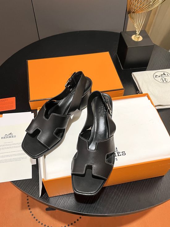 Hermes Vintage Style Genuine Leather Block Heel Sandals