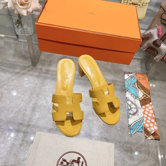Hermes Block Heel Calfskin Slides Comfortable Elegant Casual Footwear
