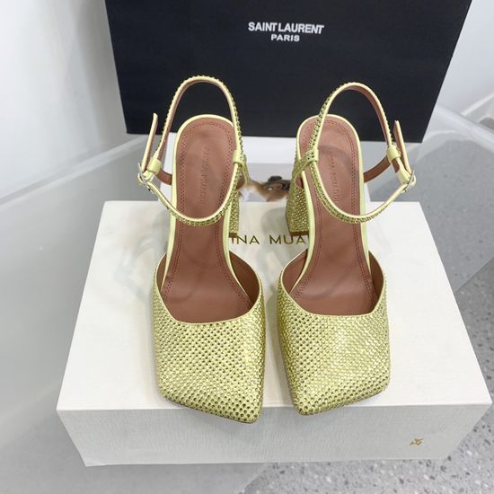 Amina Muaddi Rhinestone Decor Satin Square Toe High Heel Shoes