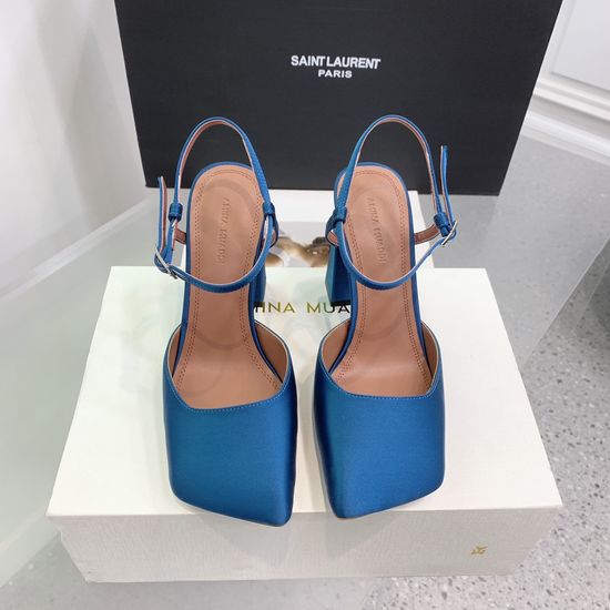 Amina Muaddi Satin Leather Square Toe Classic High Heel Shoes
