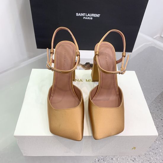 Amina Muaddi Satin Leather Square Toe Classic High Heel Shoes