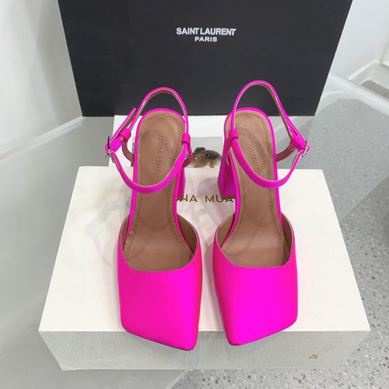 Amina Muaddi Satin Leather Square Toe Classic High Heel Shoes