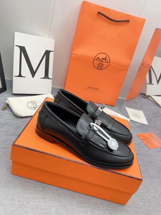 Hermes Classic Metal Buckle Leather Upper Comfortable Flats