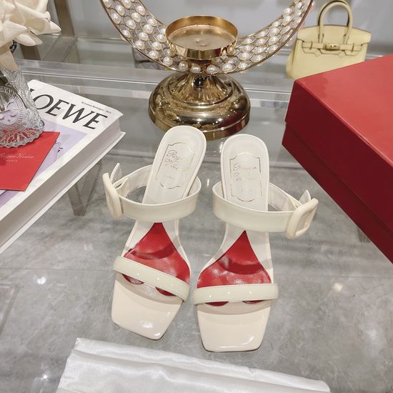 Roger Viver Double Strap Square Buckle Chunky Heel Leather Slides