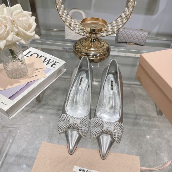 Miu Miu Rhinestone Bow Kitten Heel Pumps Satin Upper Leather Sole